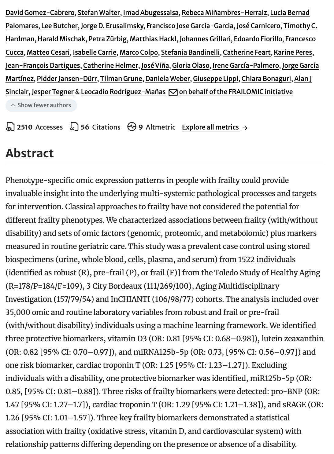 Abstract section of research paper on frailty biomarkers showing author list, citation metrics (2510 accesses, 56 citations), and study methodology text.