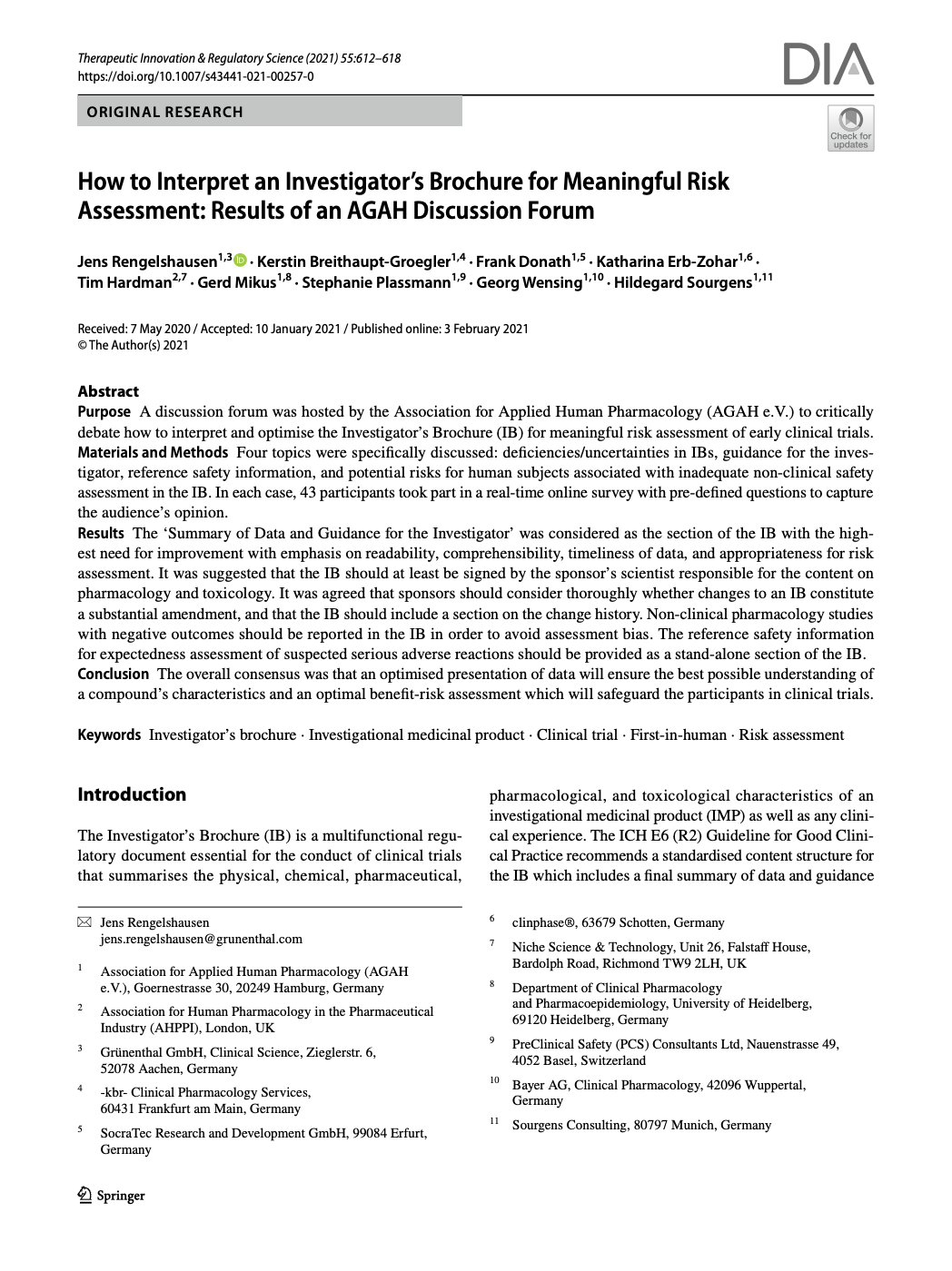 Journal article titled How to Interpret an Investigator's Brochure for Meaningful Risk Assessment: Results of an AGAH Discussion Forum with author names and abstract visible.
