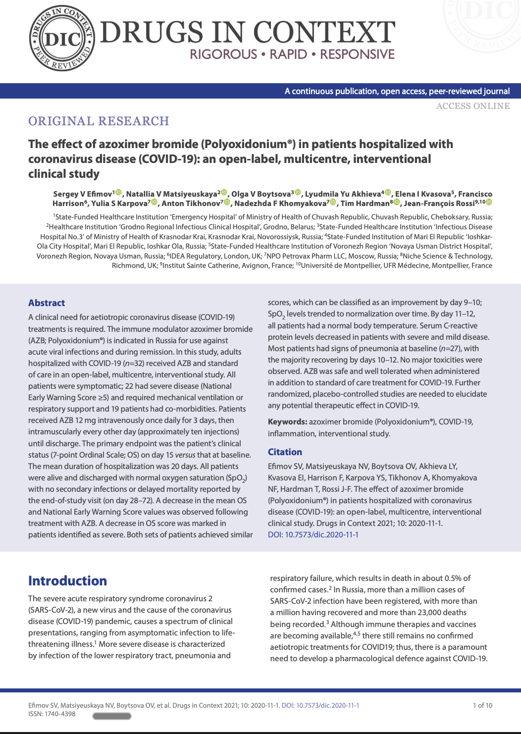 First page of a research paper titled The effect of azoximer bromide in patients hospitalised with coronavirus disease (COVID-19) published in Drugs in Context journal.