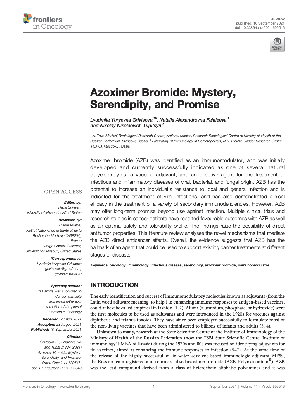 First page of a Frontiers in Oncology research article titled Azoximer Bromide: Mystery, Serendipity, and Promise published September 2021, showing author details and abstract.