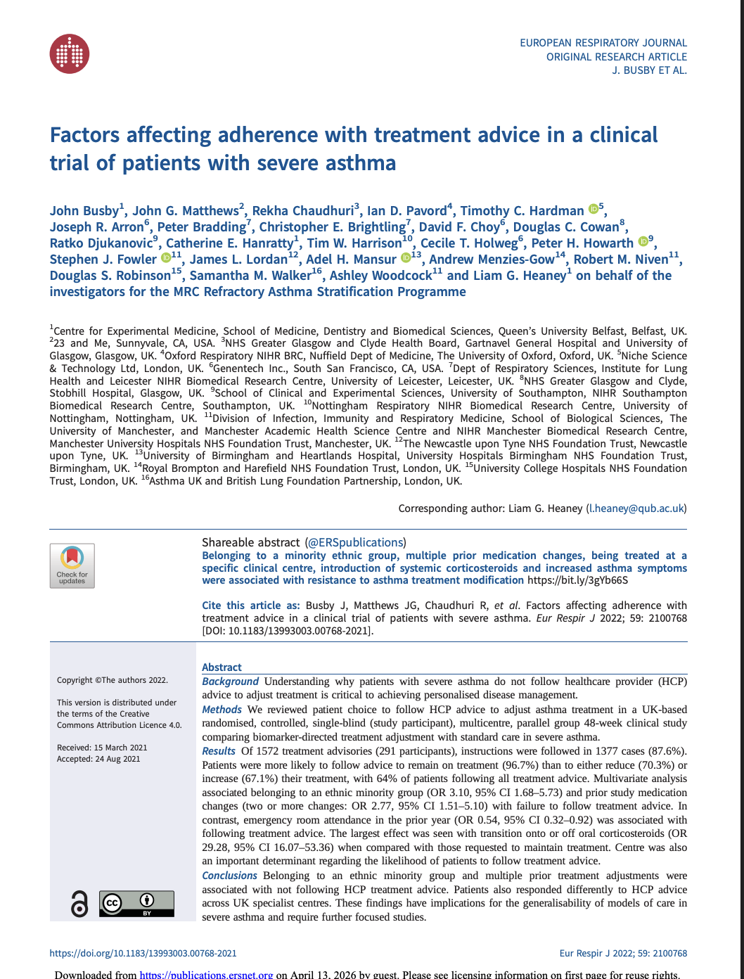 Research article title page from European Respiratory Journal showing study on severe asthma treatment adherence factors by Busby et al.