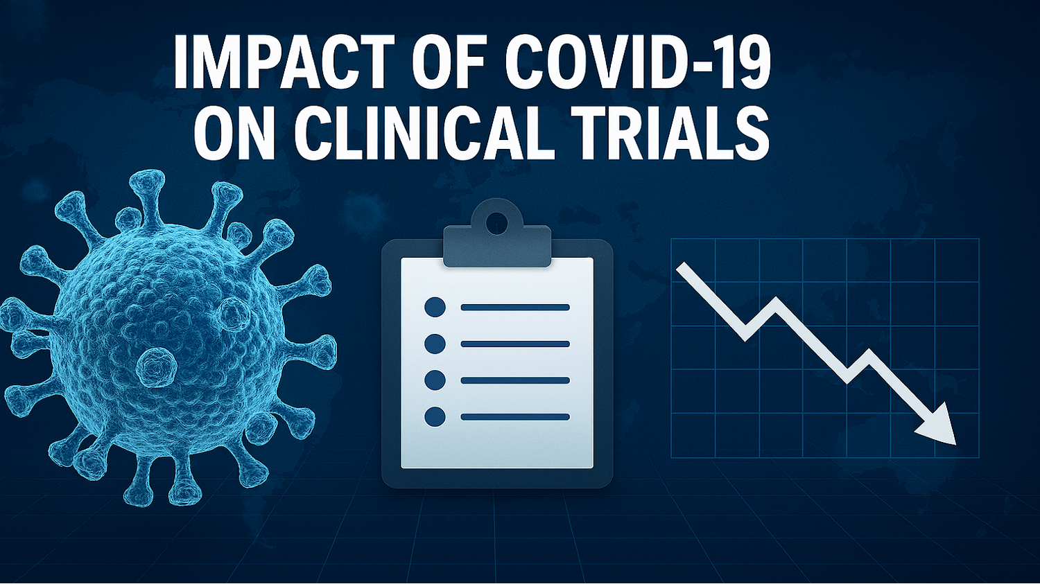 Graphic illustrating the impact of COVID-19 on clinical trials with virus icon, study checklist and declining trend chart | Niche