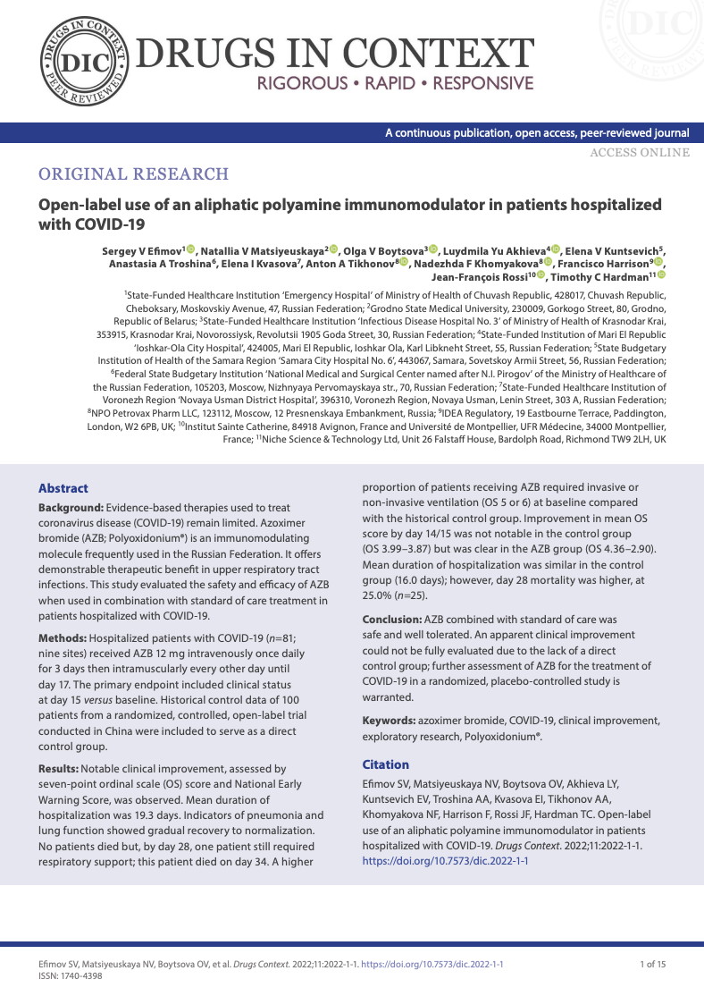 First page of a research paper titled Open-label use of an aliphatic polyamine immunomodulator in patients hospitalized with COVID-19 published in Drugs in Context journal.