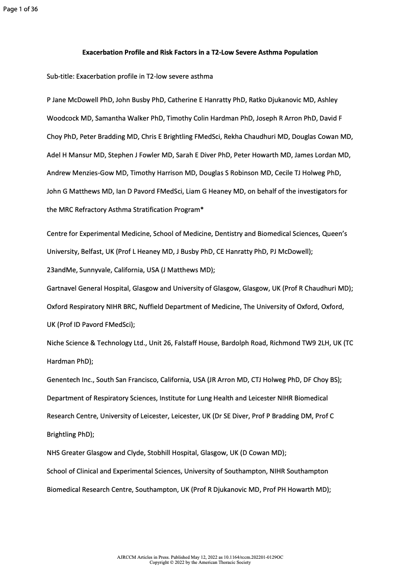 First page of a research paper titled Exacerbation Profile and Risk Factors in a T2-Low Severe Asthma Population showing author names and institutional affiliations.