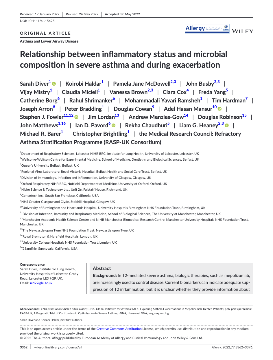 First page of a medical research article about inflammatory status and microbial composition in severe asthma, published in Allergy journal by Wiley.