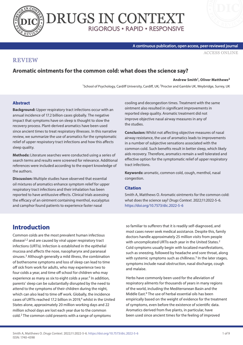 First page of a peer-reviewed journal article titled Aromatic ointments for the common cold: what does the science say? from Drugs in Context journal.