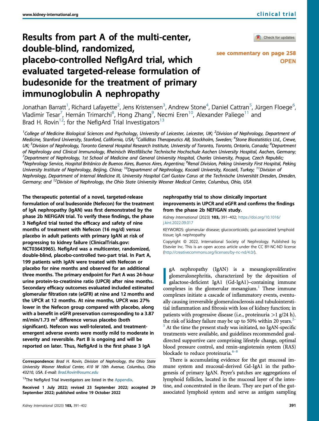 First page of a clinical trial paper on budesonide treatment for IgA nephropathy, showing title, authors, and abstract beginning.