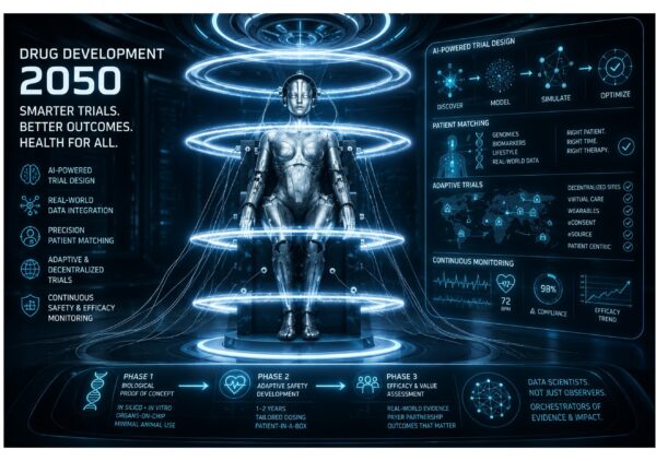 Futuristic infographic showing AI-powered drug development in 2050 with holographic human figure, trial phases, and digital health monitoring systems displayed on dark blue background.