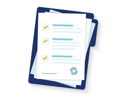 Stack of documents with checkboxes ticked and a circular stamp or seal at the bottom