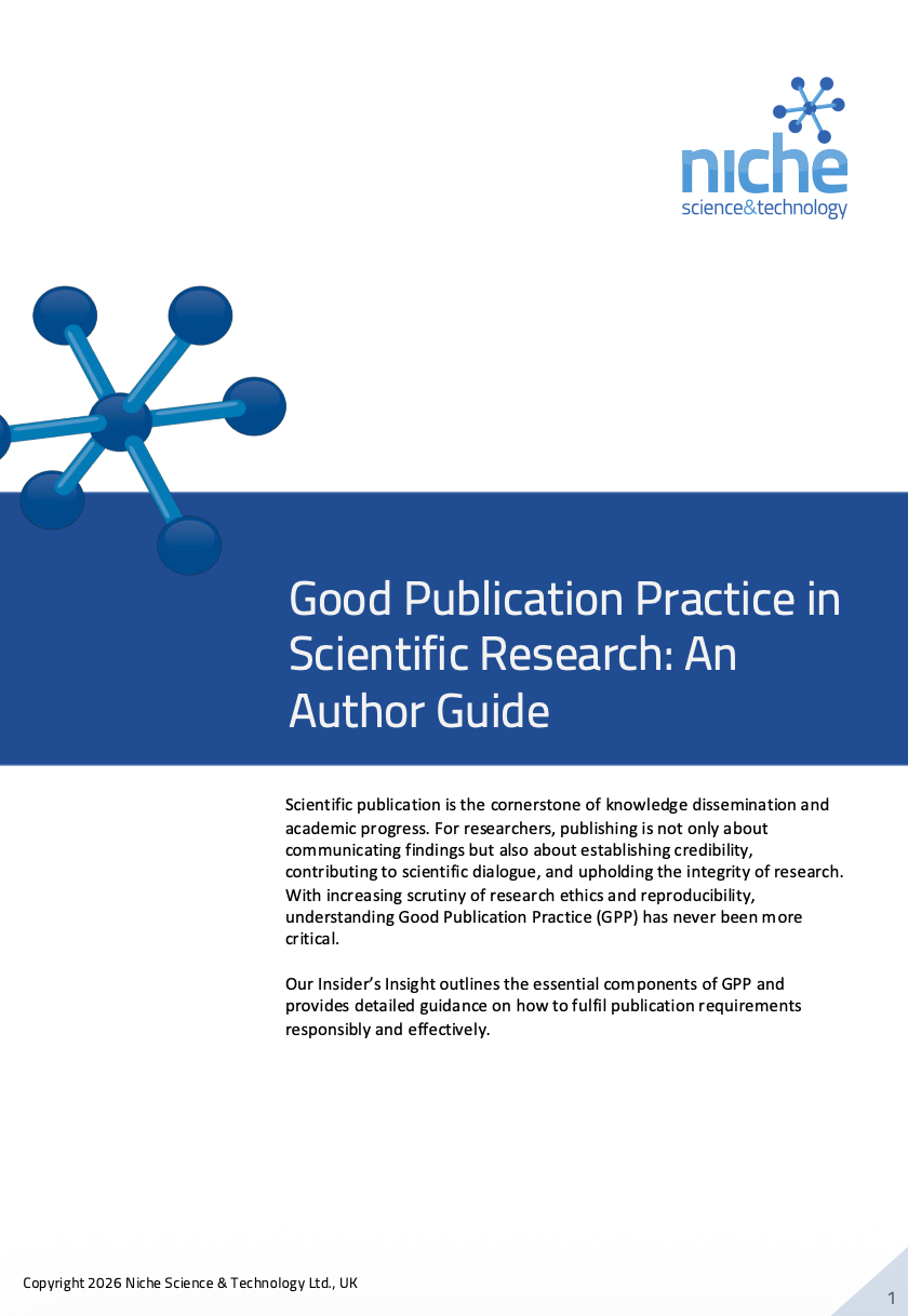 Cover of Niche Science & Technology's Good Publication Practice in Scientific Research: An Author Guide showing blue molecular network design and company logo.