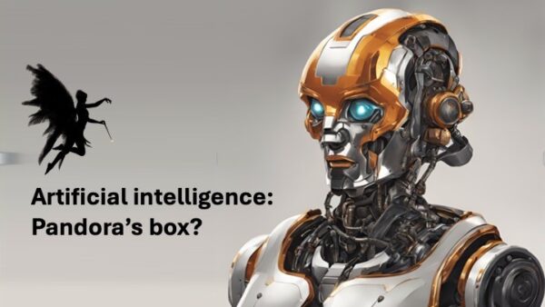 Futuristic robot with orange and white plating alongside silhouette of winged figure, with text Artificial intelligence: Pandora's box?