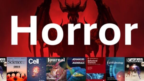 Red horror-themed banner with demonic silhouette overlaying covers of scientific journals including Science, Cell, and Advanced Materials.