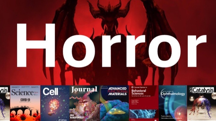Red horror-themed banner with demonic silhouette overlaying covers of scientific journals including Science, Cell, and Advanced Materials.