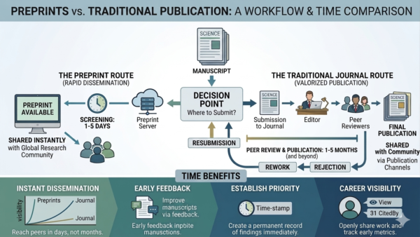 Flowchart comparing preprint publication (1-5 days) versus traditional journal publication (1-5 months), showing workflow steps and time benefits of each route.