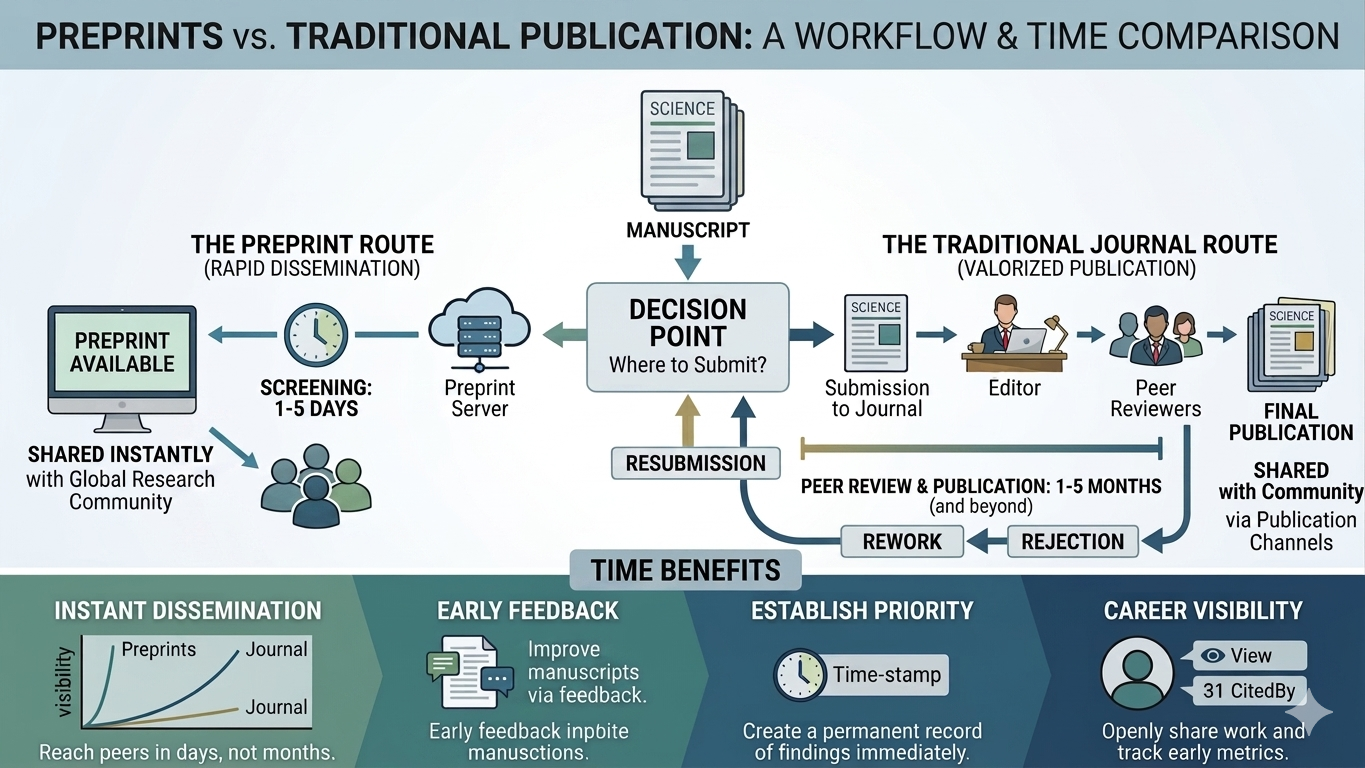 Flowchart comparing preprint publication (1-5 days) versus traditional journal publication (1-5 months), showing workflow steps and time benefits of each route.