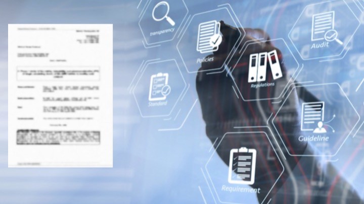 Document on left with hexagonal icons showing compliance, policies, management, audit, and regulatory processes on cloudy background.