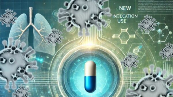 Digital illustration showing a capsule pill surrounded by virus particles and lungs, with NEW INTEGRATION USE text and hexagonal molecular structures on a blue-green background.