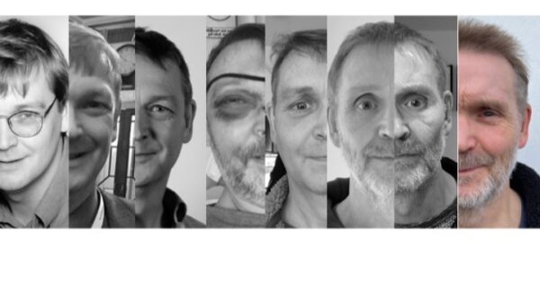 A series of black and white portrait photographs showing the same man aging from young adult to middle age, with the final image in colour.