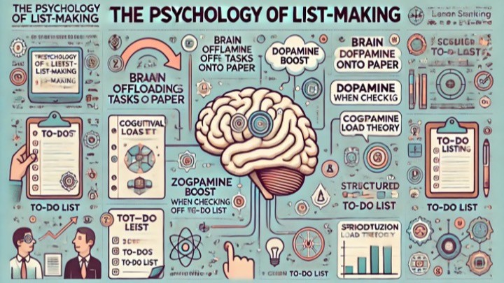 Infographic showing the psychology of list-making with brain diagrams, dopamine pathways, cognitive processes, and various types of to-do lists illustrated with icons and charts.