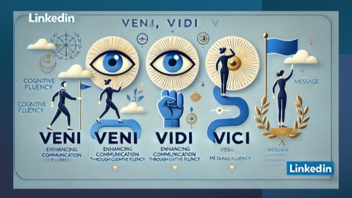 LinkedIn infographic showing four communication styles: VENI (enhancing communication through cognitive fluency), VENI (enhancing communication through cognitive fluency), VIDI (enhancing communication through cognitive fluency), and VICI (enhancing communication through message fluency). Blue and white design with eye symbols and human figures.