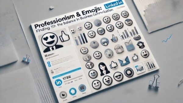 Infographic titled Professionalism & Emojis: Finding the balance in business communication showing various emoji and business icons on a white background with office supplies.