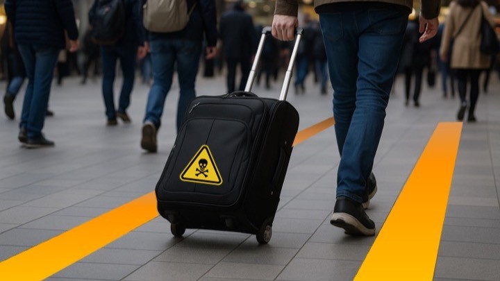 Person pulling black suitcase with yellow warning symbol through busy airport terminal with orange floor markings