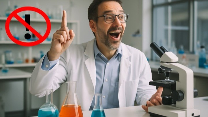 Scientist in white lab coat pointing upward with finger raised, standing in laboratory with microscope and coloured chemical solutions on bench.