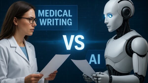 A medical writer reviewing documents opposite an artificial intelligence robot, illustrating the comparison between medical writing and artificial intelligence in clinical documentation | Niche