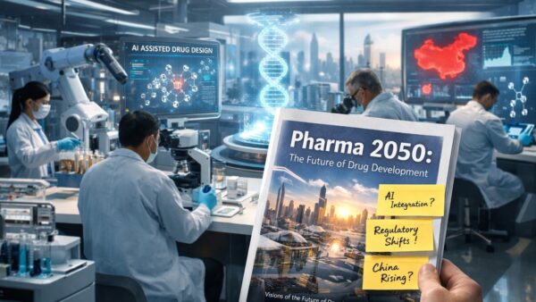 Scientists working in a high-tech laboratory with AI-assisted drug design screens, genomic data visualisations, and a report titled “Pharma 2050: The Future of Drug Development” highlighting AI integration, regulatory shifts, and global innovation | Niche
