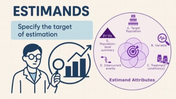 Illustration explaining the estimand framework in clinical trials, showing a researcher analysing outcomes and the five estimand attributes: population, variable, treatment condition, intercurrent events, and population-level summary | Niche