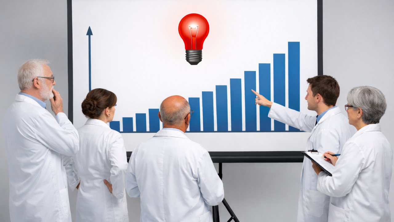Group of researchers in white lab coats analysing a rising bar chart on a screen with a glowing red lightbulb above it, symbolising innovation and data-driven insight in scientific research | Niche
