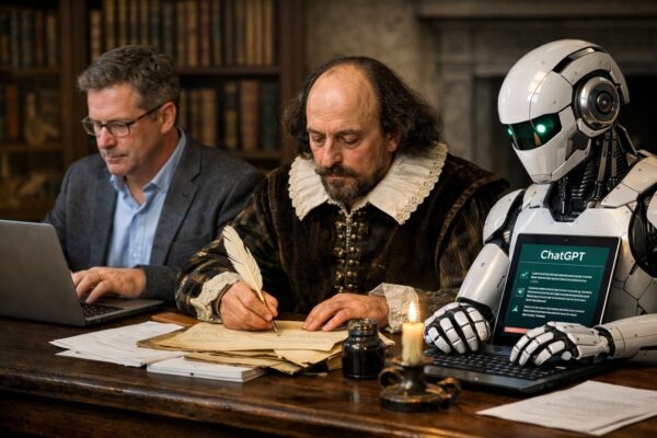 Medical writer working on a laptop beside William Shakespeare writing with a quill, and a humanoid robot labeled ChatGPT holding a tablet, symbolising the evolution of writing from literature to AI | Niche