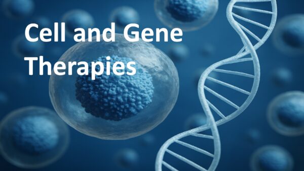 Microscopic view of blue cells with a DNA double helix strand in the foreground and the text “Cell and Gene Therapies” overlayed, representing advanced genetic medicine | Niche