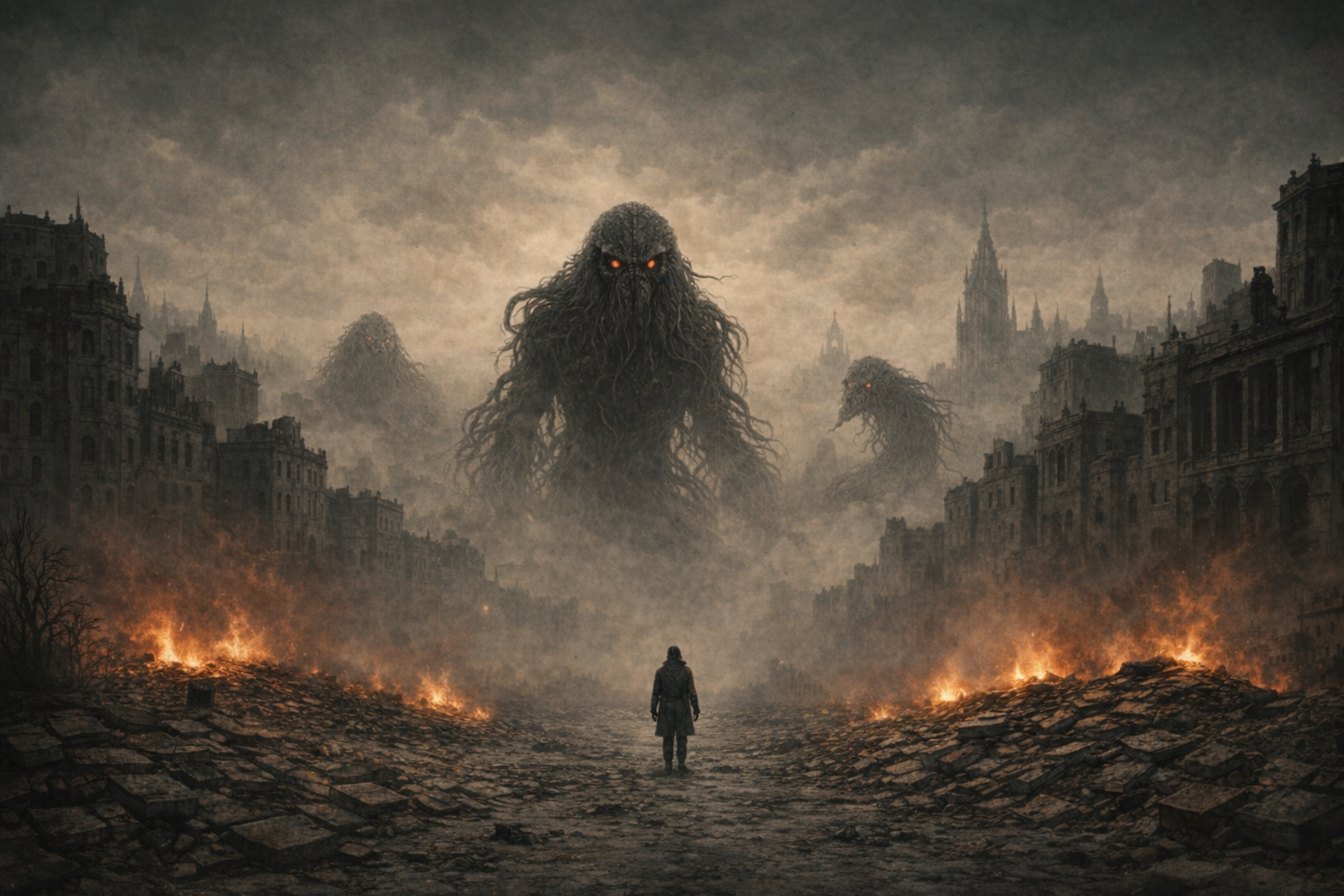 A lone figure walks through a destroyed city towards three towering dark creatures with glowing orange eyes amidst fires and ruins.