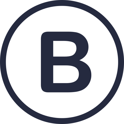 Letter B in white on a dark blue circular background with thick border.
