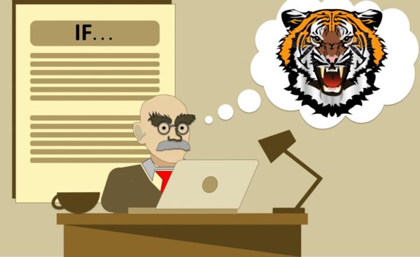 Illustration of a man at a desk with laptop thinking about a tiger's head, with a document titled IF... on the wall behind him.