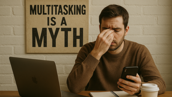 Man in brown jumper looking stressed whilst holding phone and laptop, with sign reading Multitasking is a myth on brick wall behind.