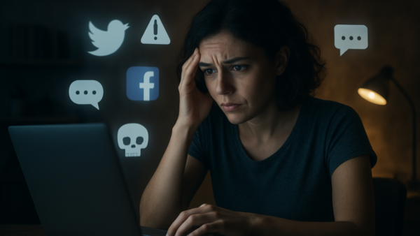 Woman looking distressed whilst using laptop with social media icons including Twitter, Facebook, warning symbol, skull, and speech bubbles floating around her.