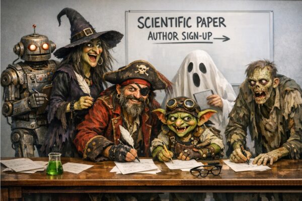 Fantasy characters including a witch, pirate, robot, ghost, goblin and zombie gathered around a table signing papers at a Scientific Paper Author Sign-up station.