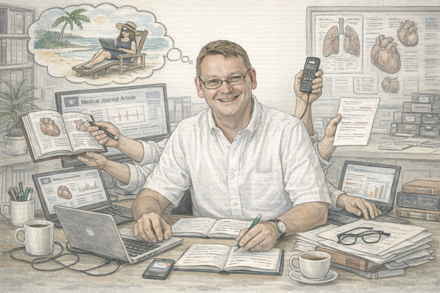 A smiling man in glasses and white shirt sits at a desk with multiple laptops, medical journals, and anatomical charts, with a thought bubble showing a beach scene.
