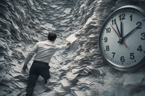 Businessman in white shirt caught in swirling vortex of papers with large clock showing time pressure in background