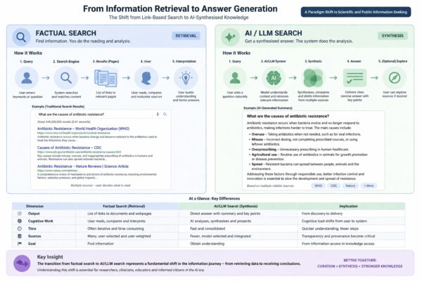 Infographic comparing traditional factual search (left) with AI/LLM search (right), showing the shift from information retrieval to synthesised answer generation with workflow diagrams and examples.