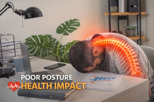 Man with head on desk showing highlighted spine curvature illustrating poor posture health effects in office environment.