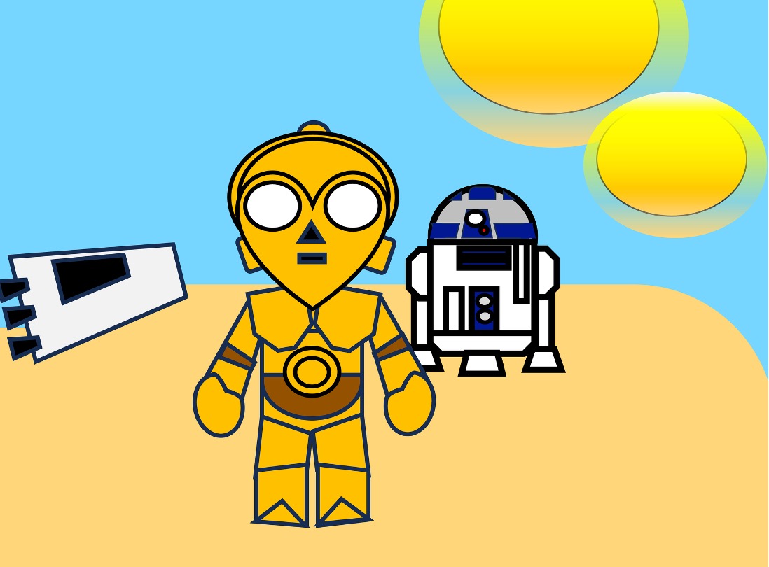 Two cartoon droids on a sandy desert planet surface beneath twin suns in a blue sky, resembling Star Wars characters C-3PO and R2-D2.
