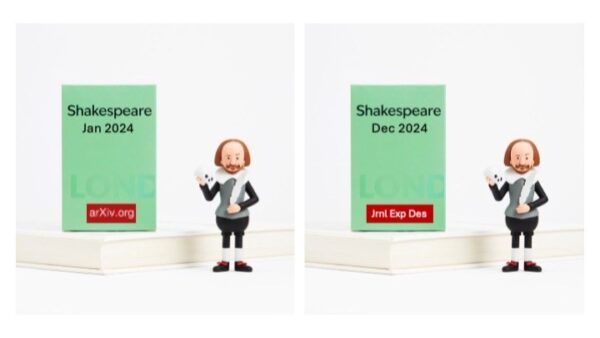 Two panels showing Shakespeare figure presenting green books labelled Shakespeare Jan 2024 and Shakespeare Dec 2024 with arXiv.org and Jrnl Exp Dat labels respectively.