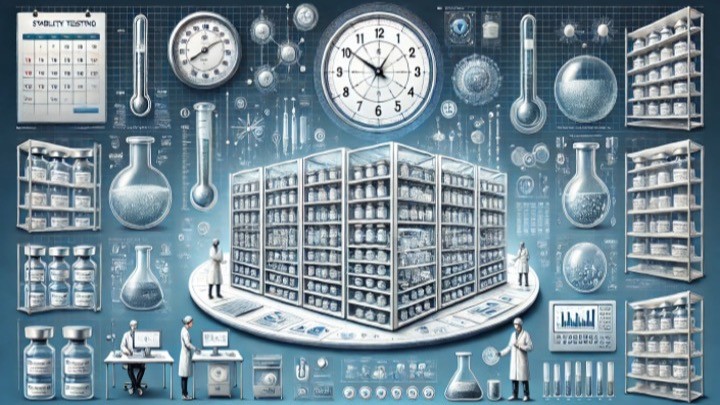 Scientific laboratory illustration showing pharmaceutical storage shelves, research equipment, clocks, thermometers, and scientists in white coats.