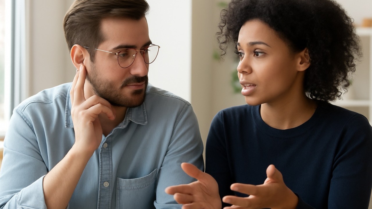 Two professionals in conversation, woman with curly hair gesturing whilst speaking to man with glasses and beard who is listening attentively.