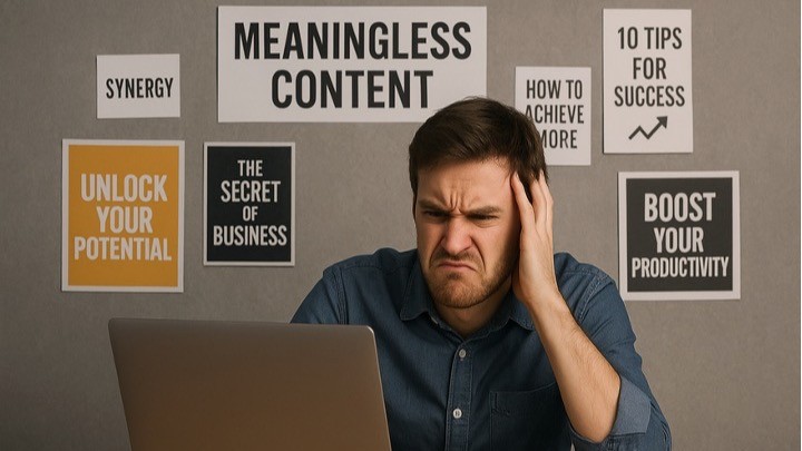 A man in a blue shirt holds his head in frustration whilst working on a laptop, surrounded by generic business motivational posters on the wall.