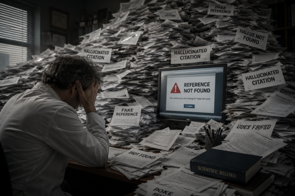 Researcher at desk surrounded by papers labelled fake reference, hallucinated citation, and not found, with computer showing reference not found error message.
