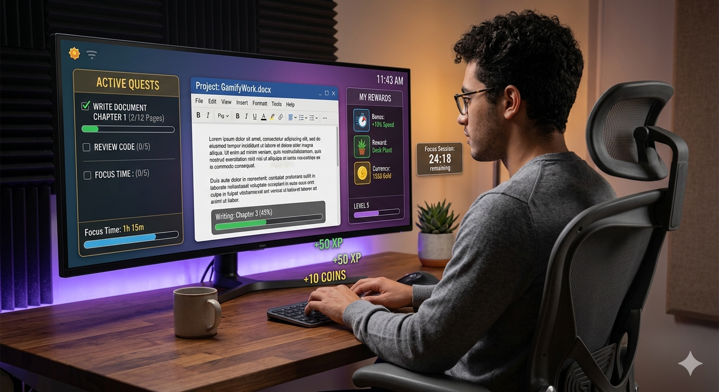 Person using computer with gamified productivity software showing document writing progress, focus timer, and reward system including XP points and virtual currency.